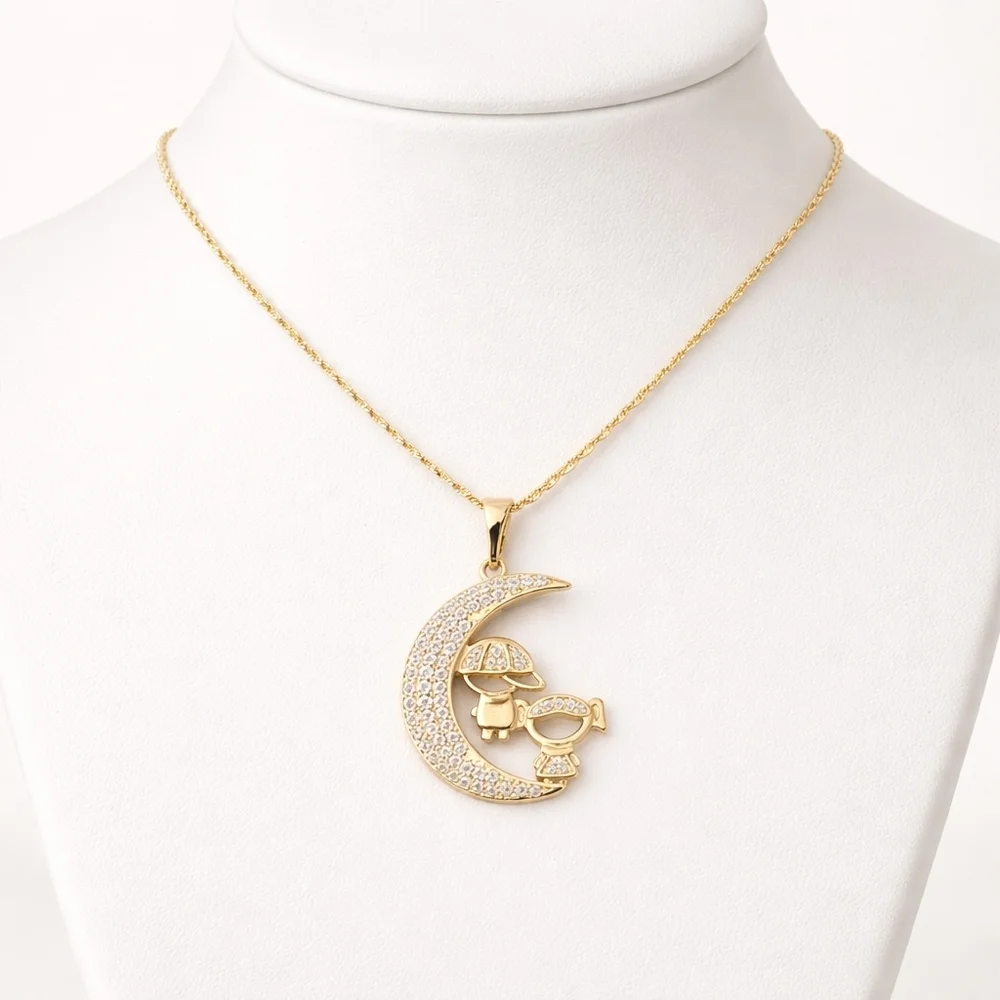 Gold Plated Moon Mom Necklace Boy Girl Pendant 22” Chain CZ Family Love Gift